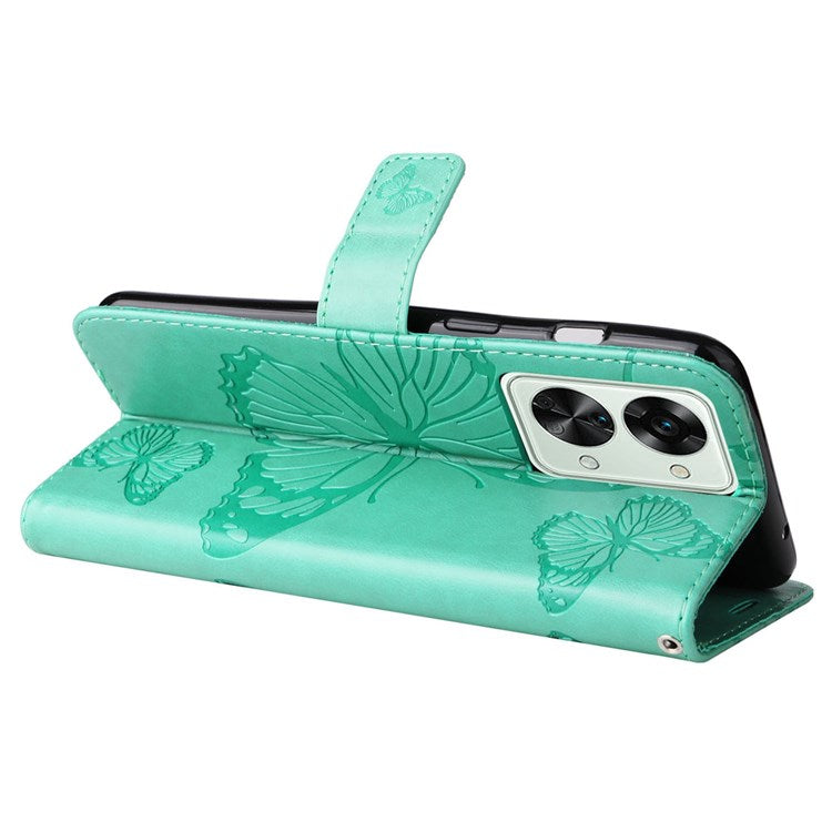 KT Leather Series-2 for OnePlus Nord 2T 5G Butterfly Imprinted PU Leather Flip Wallet Case Stand Shockproof Phone Cover - Green