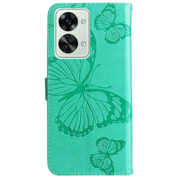 KT Leather Series-2 for OnePlus Nord 2T 5G Butterfly Imprinted PU Leather Flip Wallet Case Stand Shockproof Phone Cover - Green