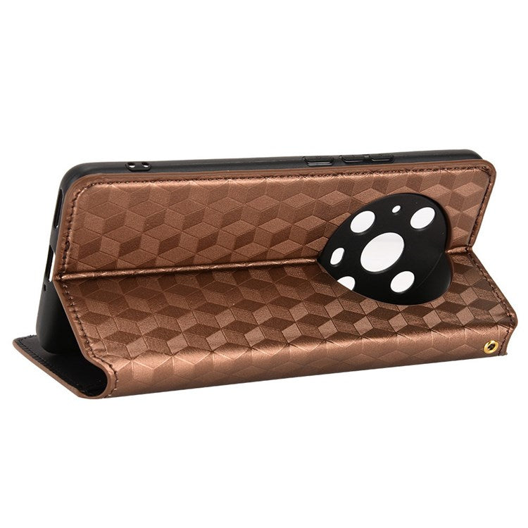 For Honor Magic4 Pro 5G Imprinted Rhombus Pattern Phone Cover PU Leather Magnetic Design Stand Wallet Case - Brown
