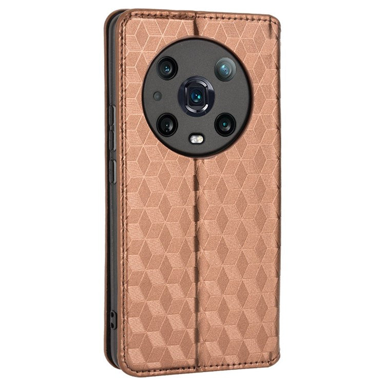 For Honor Magic4 Pro 5G Imprinted Rhombus Pattern Phone Cover PU Leather Magnetic Design Stand Wallet Case - Brown