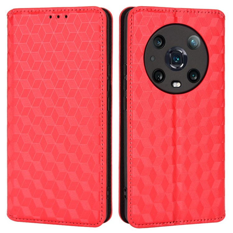 For Honor Magic4 Pro 5G Imprinted Rhombus Pattern Phone Cover PU Leather Magnetic Design Stand Wallet Case - Red