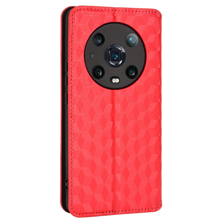 For Honor Magic4 Pro 5G Imprinted Rhombus Pattern Phone Cover PU Leather Magnetic Design Stand Wallet Case - Red