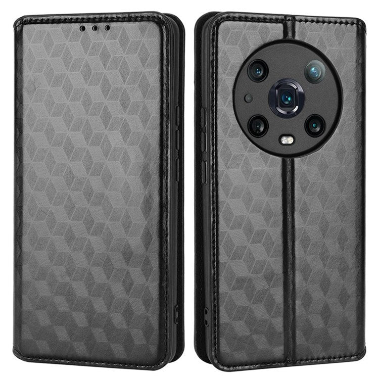 For Honor Magic4 Pro 5G Imprinted Rhombus Pattern Phone Cover PU Leather Magnetic Design Stand Wallet Case - Black