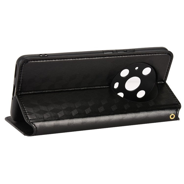 For Honor Magic4 Pro 5G Imprinted Rhombus Pattern Phone Cover PU Leather Magnetic Design Stand Wallet Case - Black