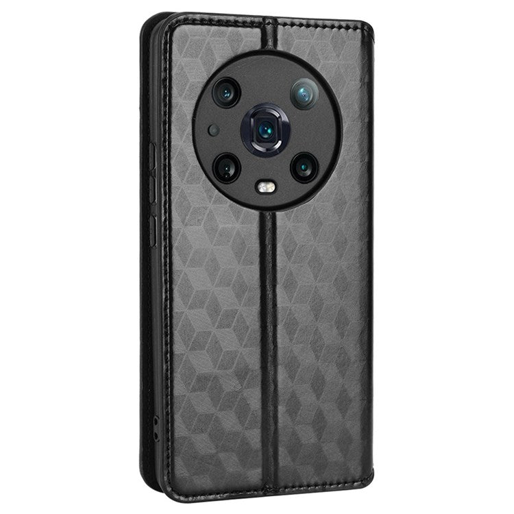 For Honor Magic4 Pro 5G Imprinted Rhombus Pattern Phone Cover PU Leather Magnetic Design Stand Wallet Case - Black