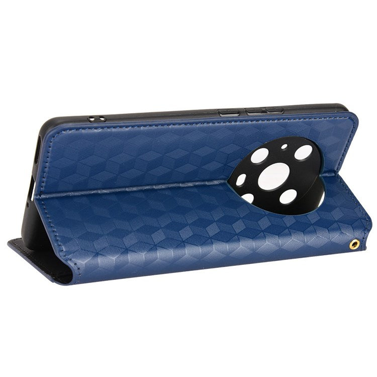 For Honor Magic4 Pro 5G Imprinted Rhombus Pattern Phone Cover PU Leather Magnetic Design Stand Wallet Case - Blue