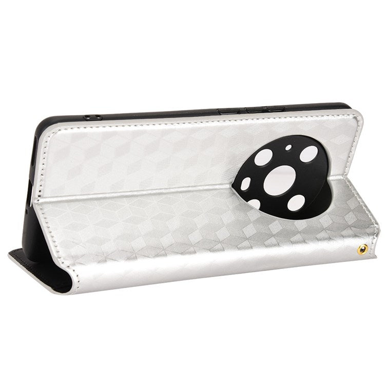 For Honor Magic4 Pro 5G Imprinted Rhombus Pattern Phone Cover PU Leather Magnetic Design Stand Wallet Case - Silver