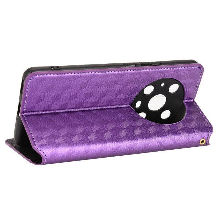 For Honor Magic4 Pro 5G Imprinted Rhombus Pattern Phone Cover PU Leather Magnetic Design Stand Wallet Case - Purple