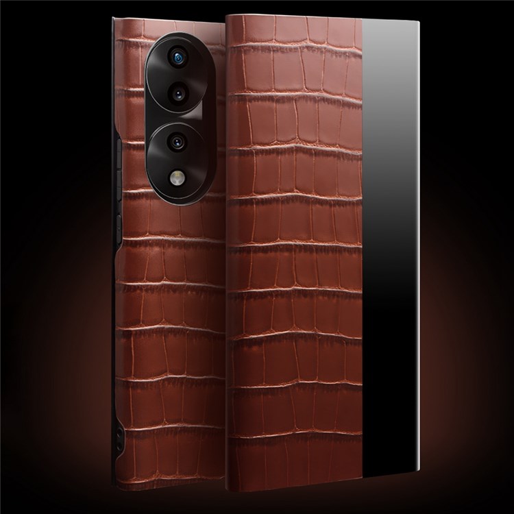 QIALINO For Honor 70 5G Well-protected Phone Cover, View Window Crocodile Texture Genuine Leather Folio Flip Auto Wake/Sleep Case - Brown