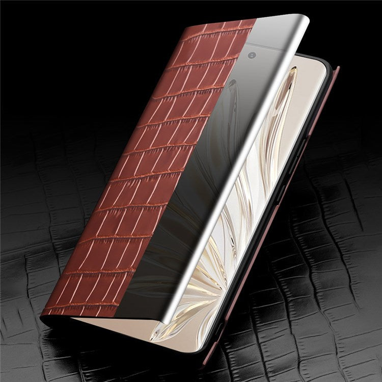 QIALINO For Honor 70 5G Well-protected Phone Cover, View Window Crocodile Texture Genuine Leather Folio Flip Auto Wake/Sleep Case - Brown