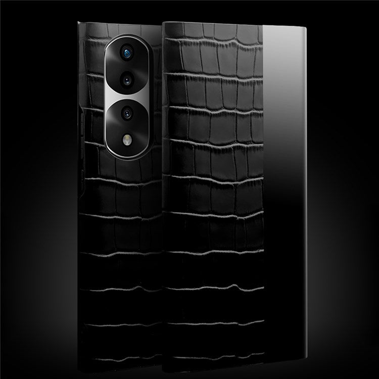 QIALINO For Honor 70 5G Well-protected Phone Cover, View Window Crocodile Texture Genuine Leather Folio Flip Auto Wake/Sleep Case - Black