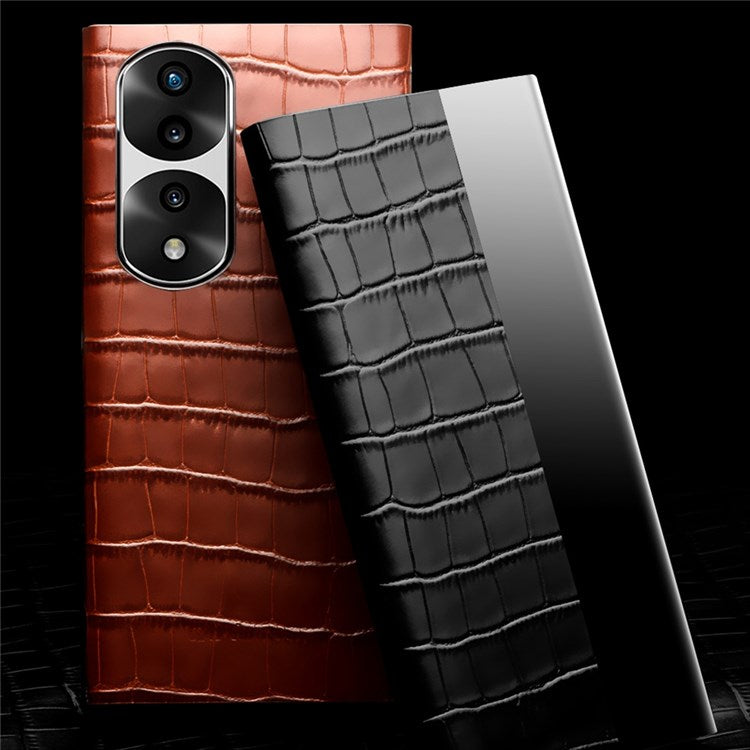 QIALINO For Honor 70 5G Well-protected Phone Cover, View Window Crocodile Texture Genuine Leather Folio Flip Auto Wake/Sleep Case - Black