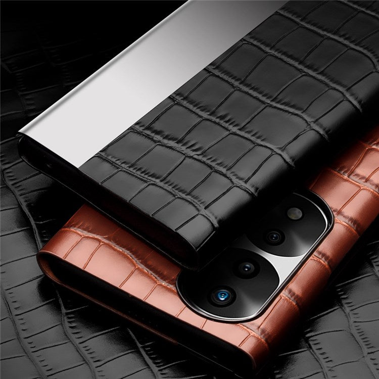 QIALINO For Honor 70 5G Well-protected Phone Cover, View Window Crocodile Texture Genuine Leather Folio Flip Auto Wake/Sleep Case - Black