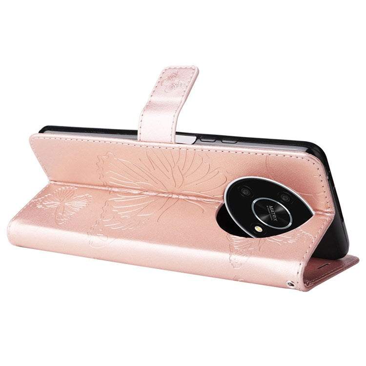 KT Leather Series-2 for Honor X9 5G/X30 5G/Magic 4 Lite 5G Butterfly Imprinted PU Leather Wallet Case Stand Anti-wear Phone Flip Cover - Rose Gold