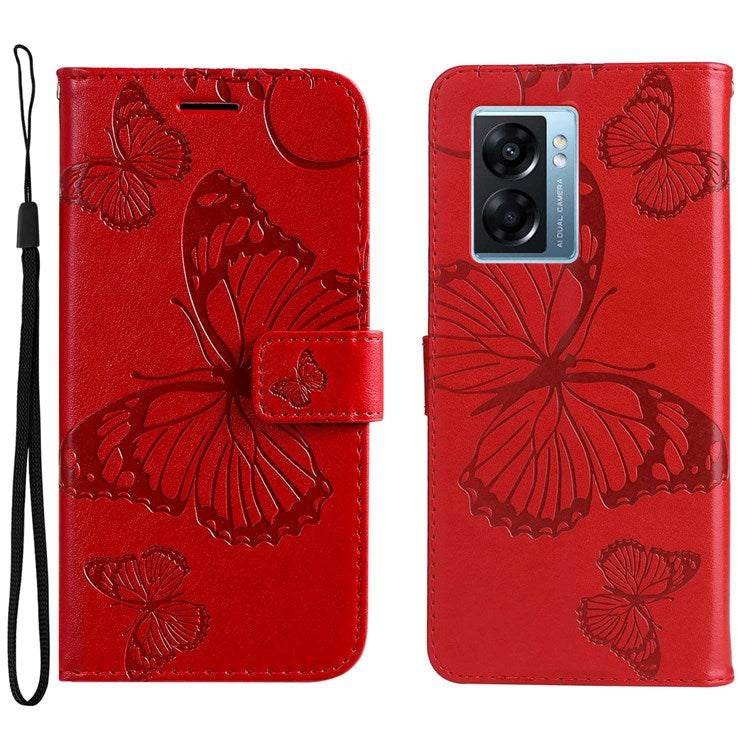 KT Leather Series-2 for Oppo A57 (2022) 5G / A77 5G / Realme V23 5G Butterfly Imprinted PU Leather Full-protection Case Phone Wallet Stand Cover - Red