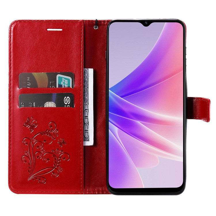 KT Leather Series-2 for Oppo A57 (2022) 5G / A77 5G / Realme V23 5G Butterfly Imprinted PU Leather Full-protection Case Phone Wallet Stand Cover - Red