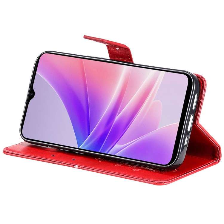 KT Leather Series-2 for Oppo A57 (2022) 5G / A77 5G / Realme V23 5G Butterfly Imprinted PU Leather Full-protection Case Phone Wallet Stand Cover - Red