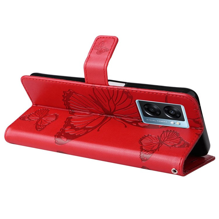 KT Leather Series-2 for Oppo A57 (2022) 5G / A77 5G / Realme V23 5G Butterfly Imprinted PU Leather Full-protection Case Phone Wallet Stand Cover - Red
