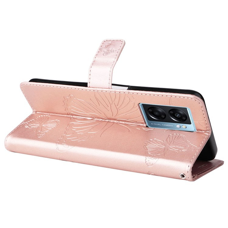 KT Leather Series-2 for Oppo A57 (2022) 5G / A77 5G / Realme V23 5G Butterfly Imprinted PU Leather Full-protection Case Phone Wallet Stand Cover - Rose Gold