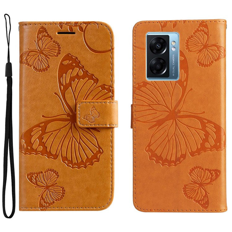 KT Leather Series-2 for Oppo A57 (2022) 5G / A77 5G / Realme V23 5G Butterfly Imprinted PU Leather Full-protection Case Phone Wallet Stand Cover - Yellow