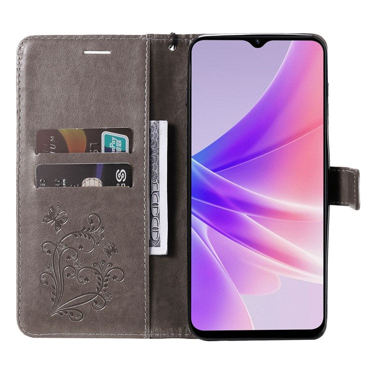 KT Leather Series-2 for Oppo A57 (2022) 5G / A77 5G / Realme V23 5G Butterfly Imprinted PU Leather Full-protection Case Phone Wallet Stand Cover - Grey