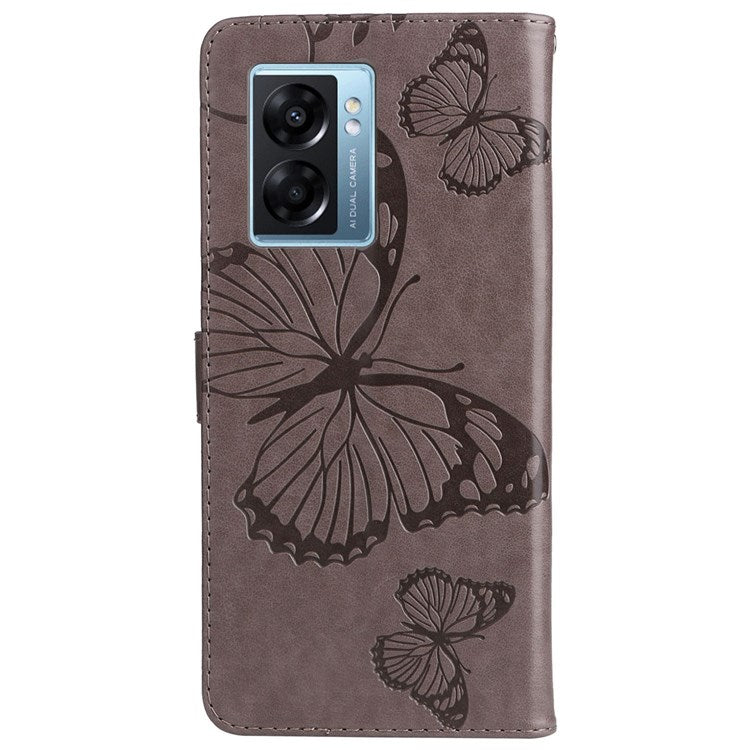 KT Leather Series-2 for Oppo A57 (2022) 5G / A77 5G / Realme V23 5G Butterfly Imprinted PU Leather Full-protection Case Phone Wallet Stand Cover - Grey