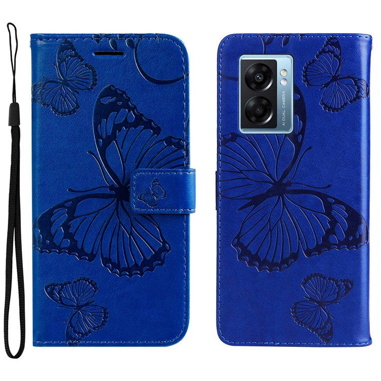 KT Leather Series-2 for Oppo A57 (2022) 5G / A77 5G / Realme V23 5G Butterfly Imprinted PU Leather Full-protection Case Phone Wallet Stand Cover - Blue