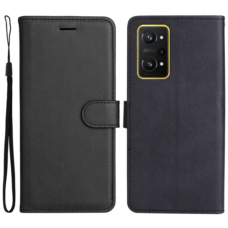 For Realme GT Neo 3T 5G/GT Neo2 5G KT Leather Series-2 Wallet Phone Case PU Leather Full Protection Solid Color Magnetic Flip Stand Cover with Strap - Black