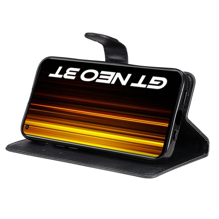 For Realme GT Neo 3T 5G/GT Neo2 5G KT Leather Series-2 Wallet Phone Case PU Leather Full Protection Solid Color Magnetic Flip Stand Cover with Strap - Black