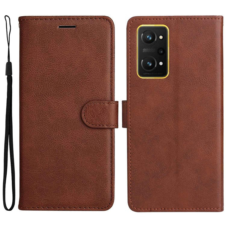 For Realme GT Neo 3T 5G/GT Neo2 5G KT Leather Series-2 Wallet Phone Case PU Leather Full Protection Solid Color Magnetic Flip Stand Cover with Strap - Brown