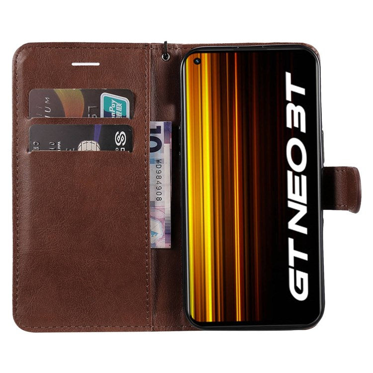 For Realme GT Neo 3T 5G/GT Neo2 5G KT Leather Series-2 Wallet Phone Case PU Leather Full Protection Solid Color Magnetic Flip Stand Cover with Strap - Brown