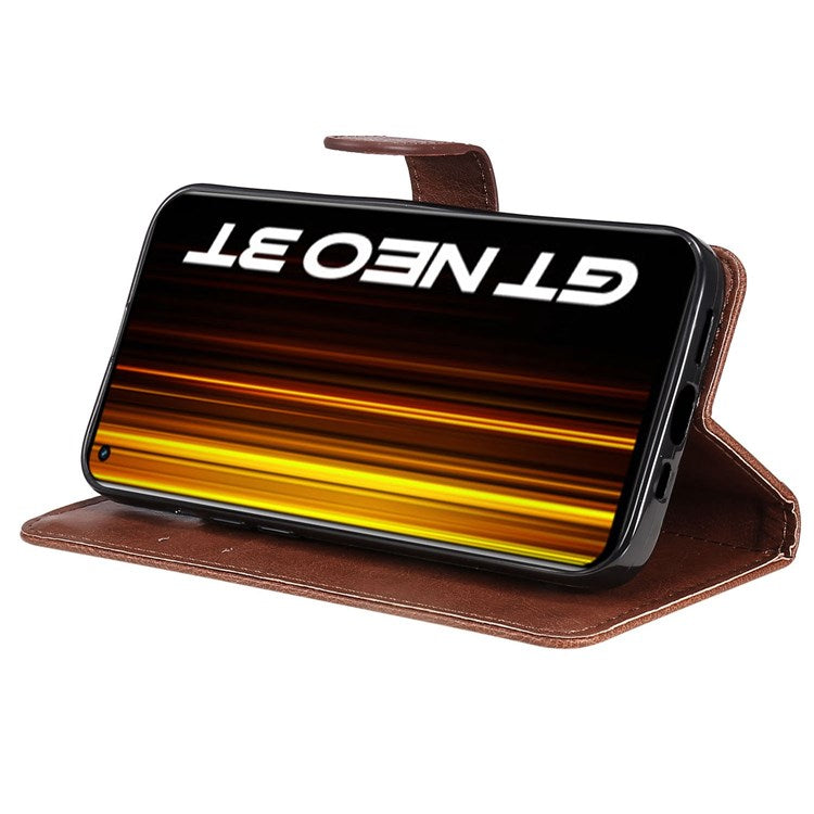 For Realme GT Neo 3T 5G/GT Neo2 5G KT Leather Series-2 Wallet Phone Case PU Leather Full Protection Solid Color Magnetic Flip Stand Cover with Strap - Brown
