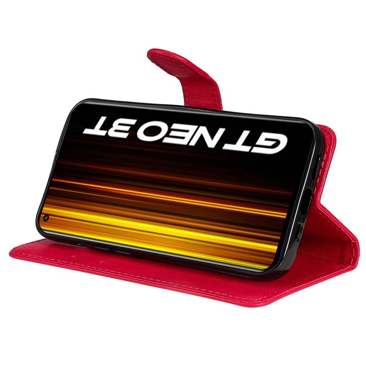 For Realme GT Neo 3T 5G/GT Neo2 5G KT Leather Series-2 Wallet Phone Case PU Leather Full Protection Solid Color Magnetic Flip Stand Cover with Strap - Red