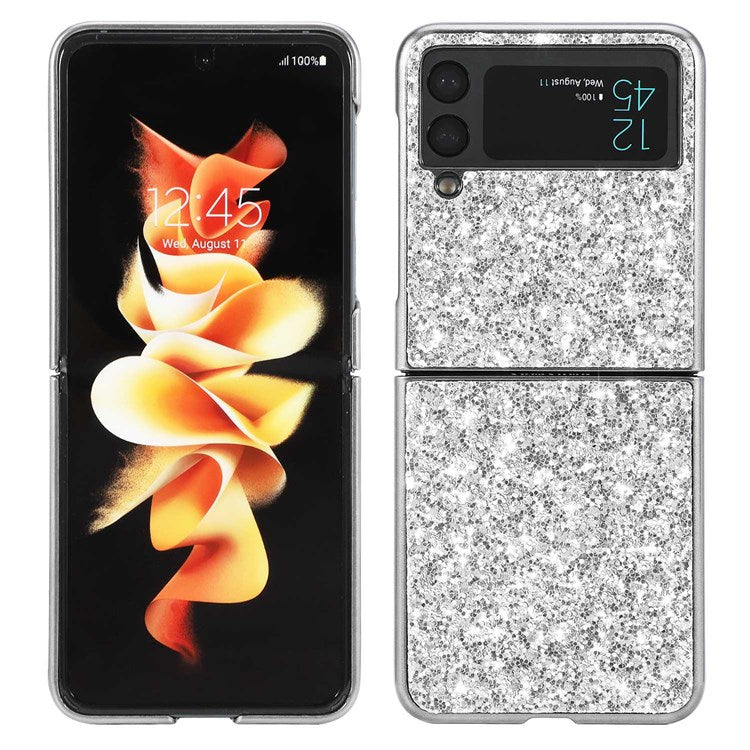 For Samsung Galaxy Z Flip4 5G Glitter Sparkling Case Electroplating TPU Frame Hard PC Back Anti-Slip Protective Cover - Silver