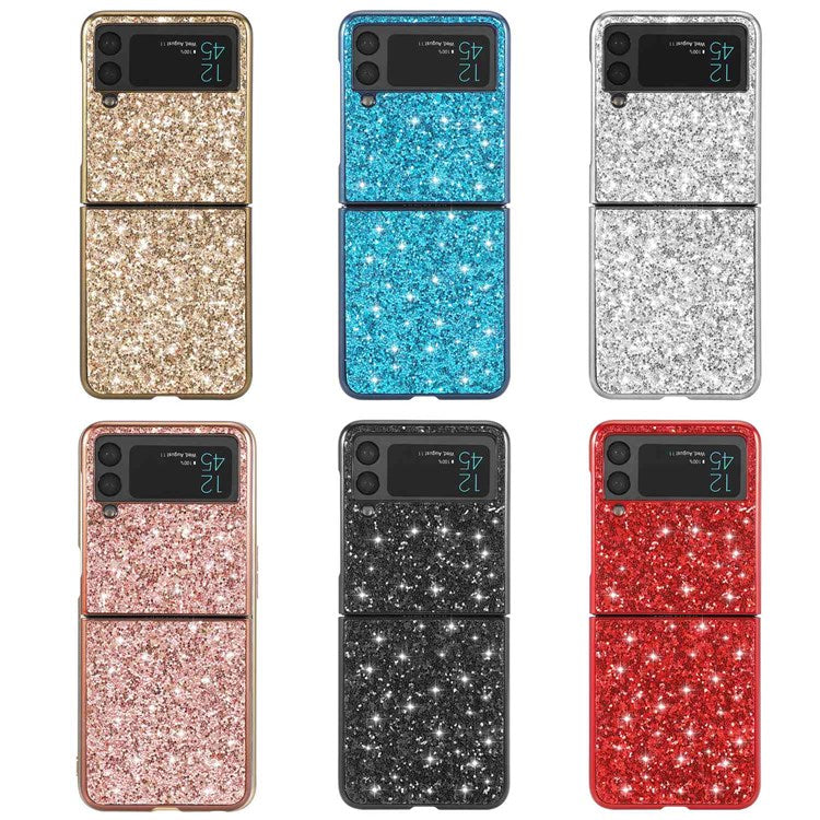 For Samsung Galaxy Z Flip4 5G Glitter Sparkling Case Electroplating TPU Frame Hard PC Back Anti-Slip Protective Cover - Silver