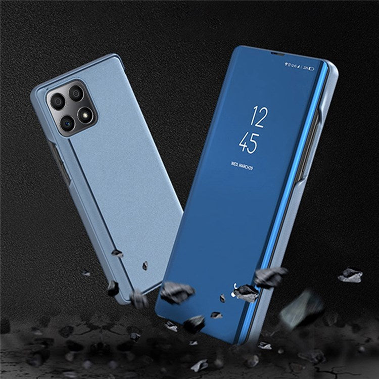 For Honor X8 4G / X30i Drop Resistant Foldable Stand Design PU Leather Case View Window Electroplate Mirror Phone Shell - Silver