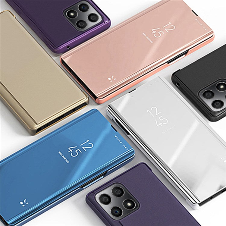 For Honor X8 4G / X30i Drop Resistant Foldable Stand Design PU Leather Case View Window Electroplate Mirror Phone Shell - Silver