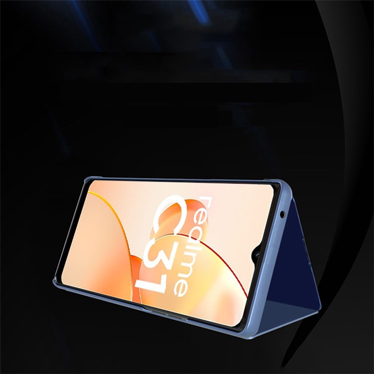 For Realme C31 Supporting Stand Feature PU Leather Wear-resistant Case View Window Electroplate Mirror Phone Protector - Blue