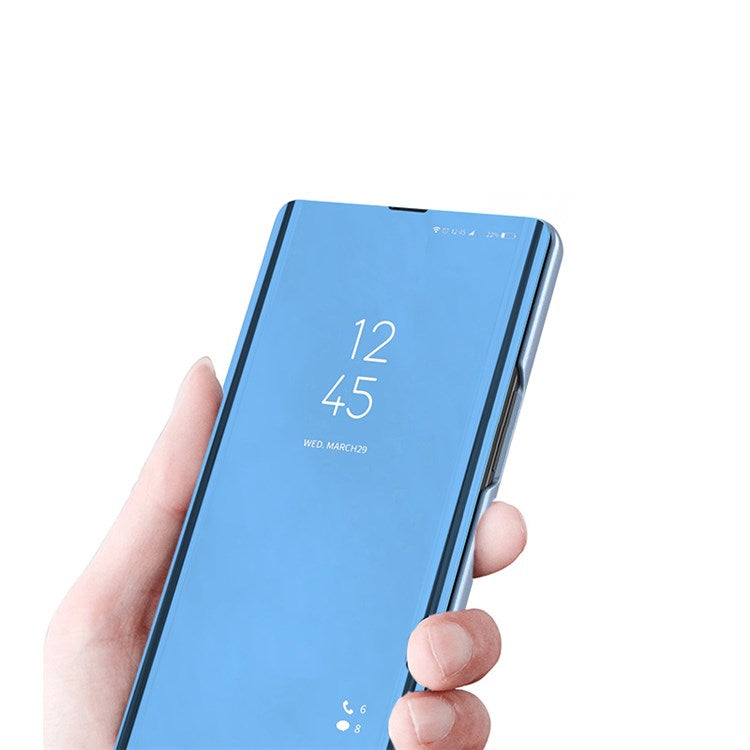 For Realme C31 Supporting Stand Feature PU Leather Wear-resistant Case View Window Electroplate Mirror Phone Protector - Blue