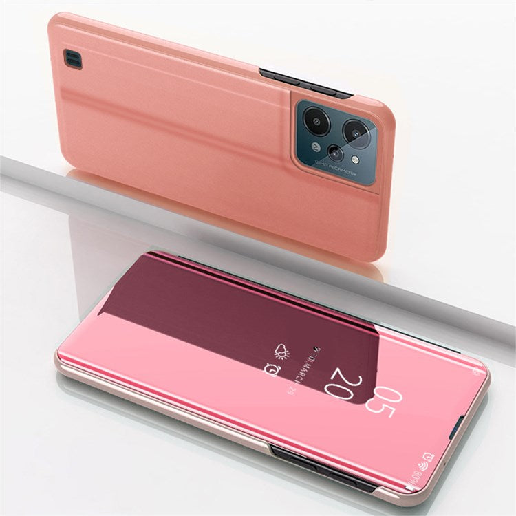 For Realme C31 Supporting Stand Feature PU Leather Wear-resistant Case View Window Electroplate Mirror Phone Protector - Rose Gold