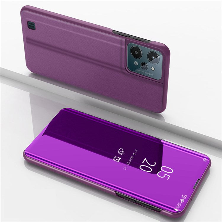 For Realme C31 Supporting Stand Feature PU Leather Wear-resistant Case View Window Electroplate Mirror Phone Protector - Purple