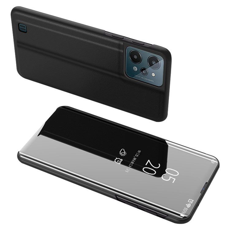 For Realme C31 Supporting Stand Feature PU Leather Wear-resistant Case View Window Electroplate Mirror Phone Protector - Black