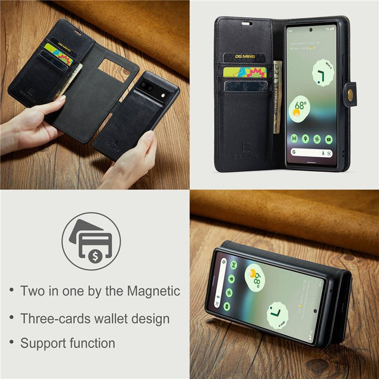 DG.MING For Google Pixel 6a Split Leather Wallet Stand Case Detachable 2-in-1 Phone Protective Cover - Black