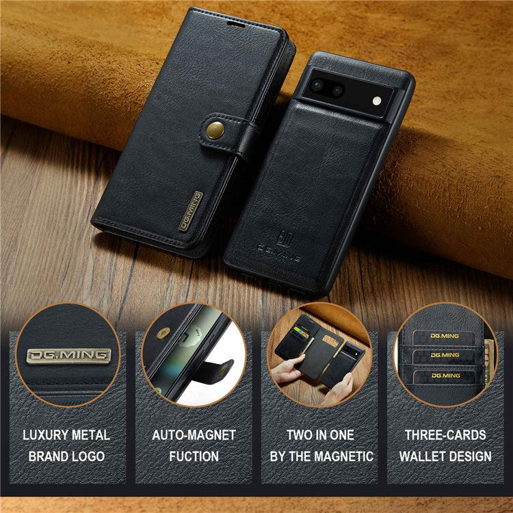 DG.MING For Google Pixel 6a Split Leather Wallet Stand Case Detachable 2-in-1 Phone Protective Cover - Black