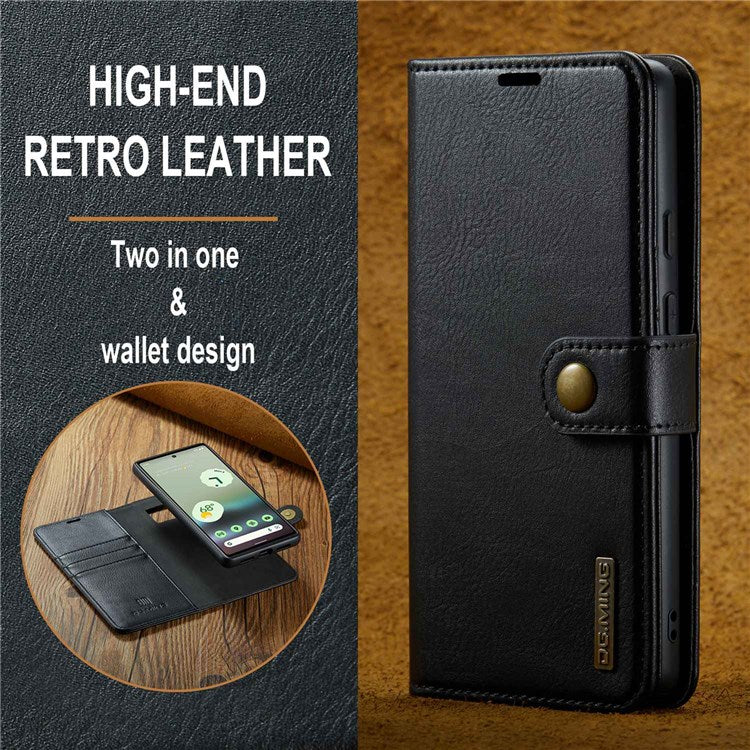 DG.MING For Google Pixel 6a Split Leather Wallet Stand Case Detachable 2-in-1 Phone Protective Cover - Black