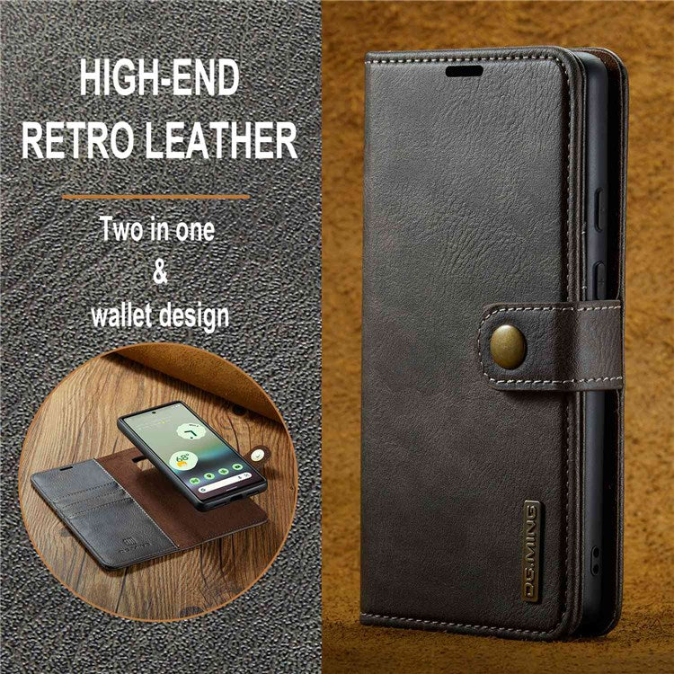 DG.MING For Google Pixel 6a Split Leather Wallet Stand Case Detachable 2-in-1 Phone Protective Cover - Grey