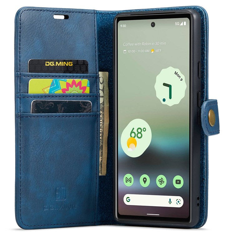 DG.MING For Google Pixel 6a Split Leather Wallet Stand Case Detachable 2-in-1 Phone Protective Cover - Blue