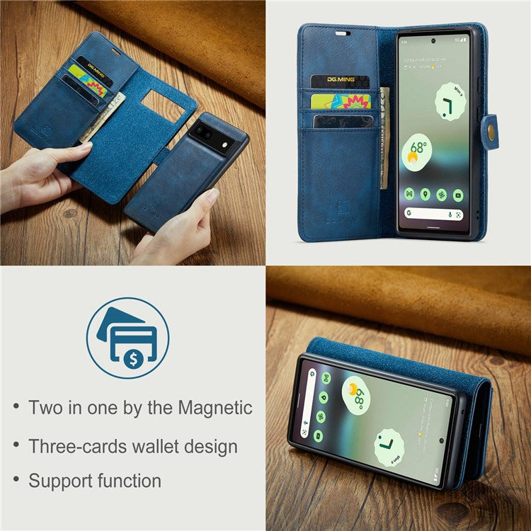 DG.MING For Google Pixel 6a Split Leather Wallet Stand Case Detachable 2-in-1 Phone Protective Cover - Blue