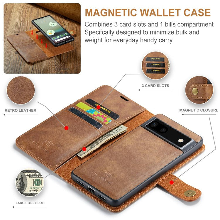 DG.MING For Google Pixel 6a Split Leather Wallet Stand Case Detachable 2-in-1 Phone Protective Cover - Brown