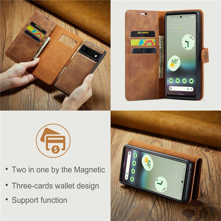 DG.MING For Google Pixel 6a Split Leather Wallet Stand Case Detachable 2-in-1 Phone Protective Cover - Brown